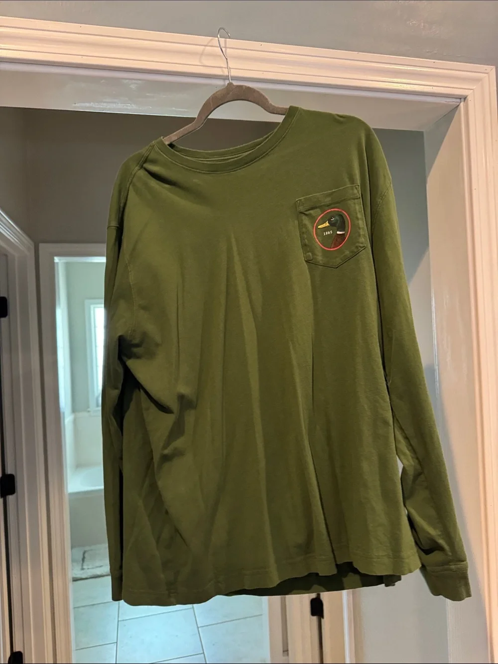 Duck Head Olive Green Long Sleeve Pocket Tee with Small Chest Emblem